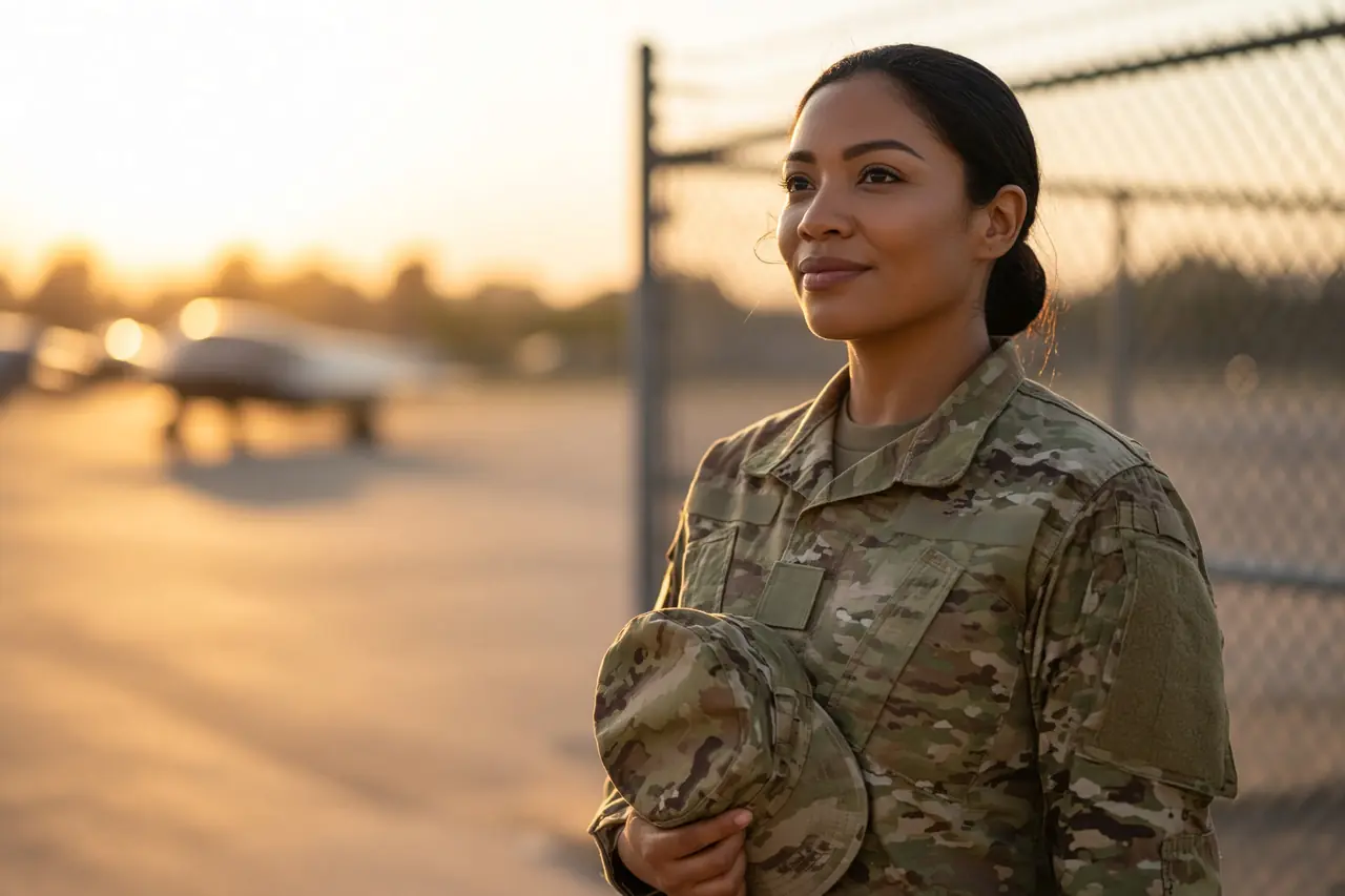 Smiling woman soldier in camouflage uniform at golden hour