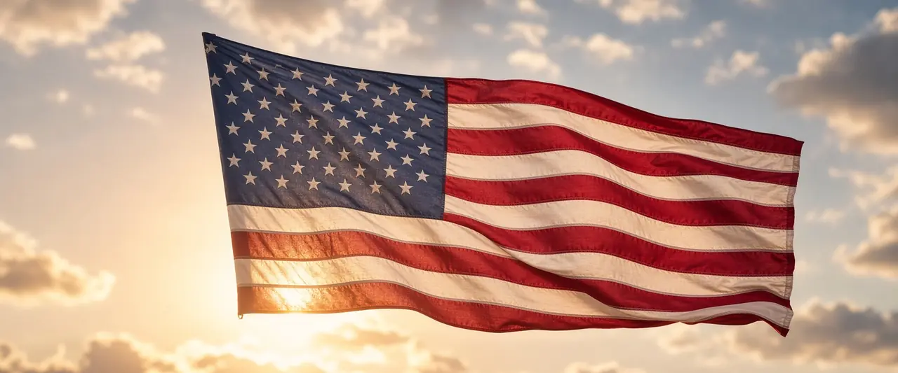 American flag waving against a golden-hour sky