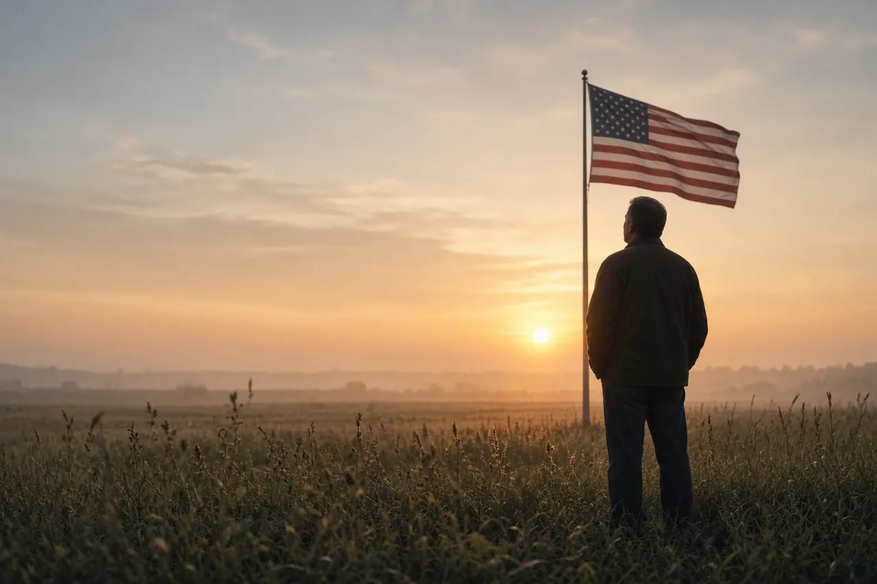Veteran standing in a field at sunrise looking at an American flag