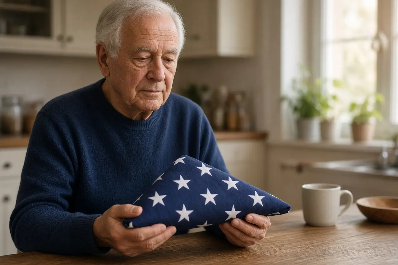Older veteran at his kitchen table holding a folded American flag