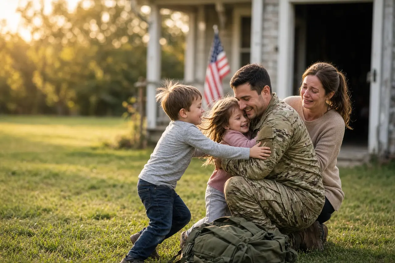 Soldier in uniform hugging his children and wife in front of their home