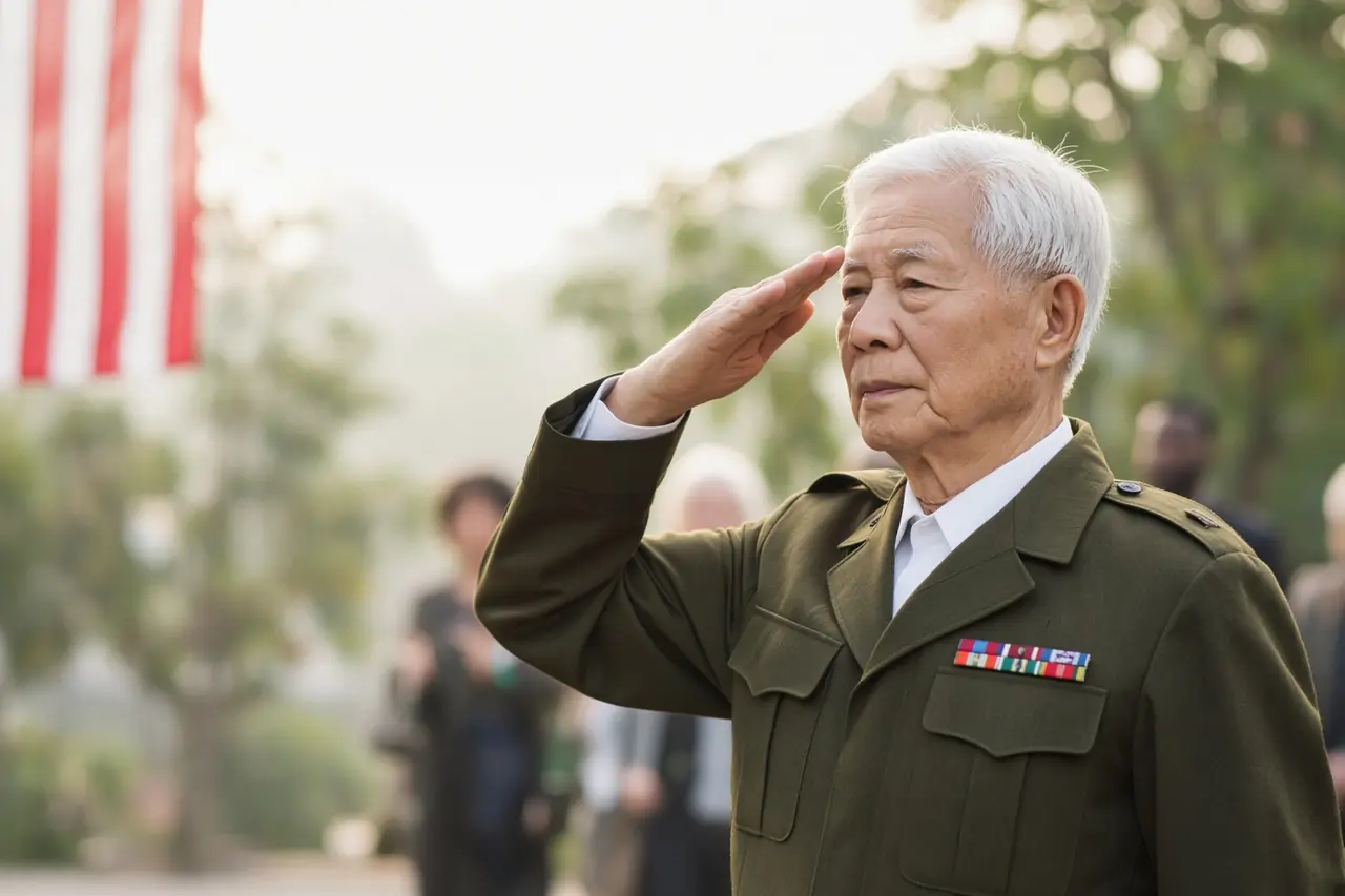 Older veteran in his service jacket saluting the flag at a hometown ceremony